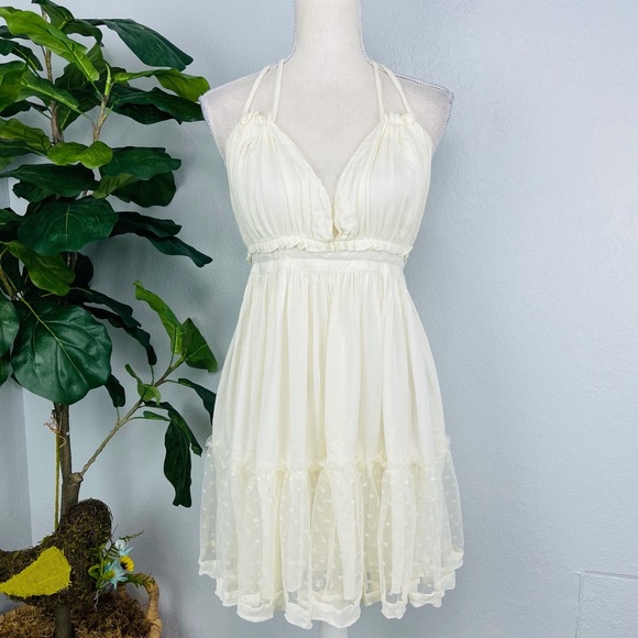 NWT Cream Babydoll Short Backless Lace Mesh Ruffle Boho Dress - Picture 2 of 6